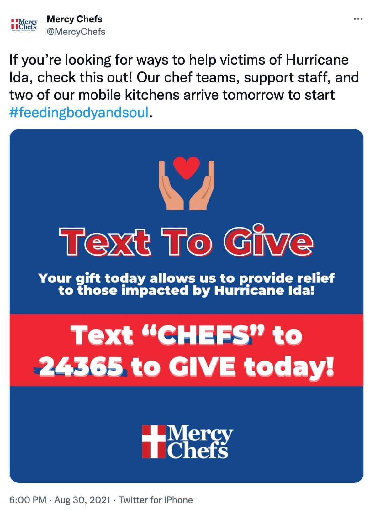 A Twitter post from Mercy Chefs to text "Chefs" to 24365.