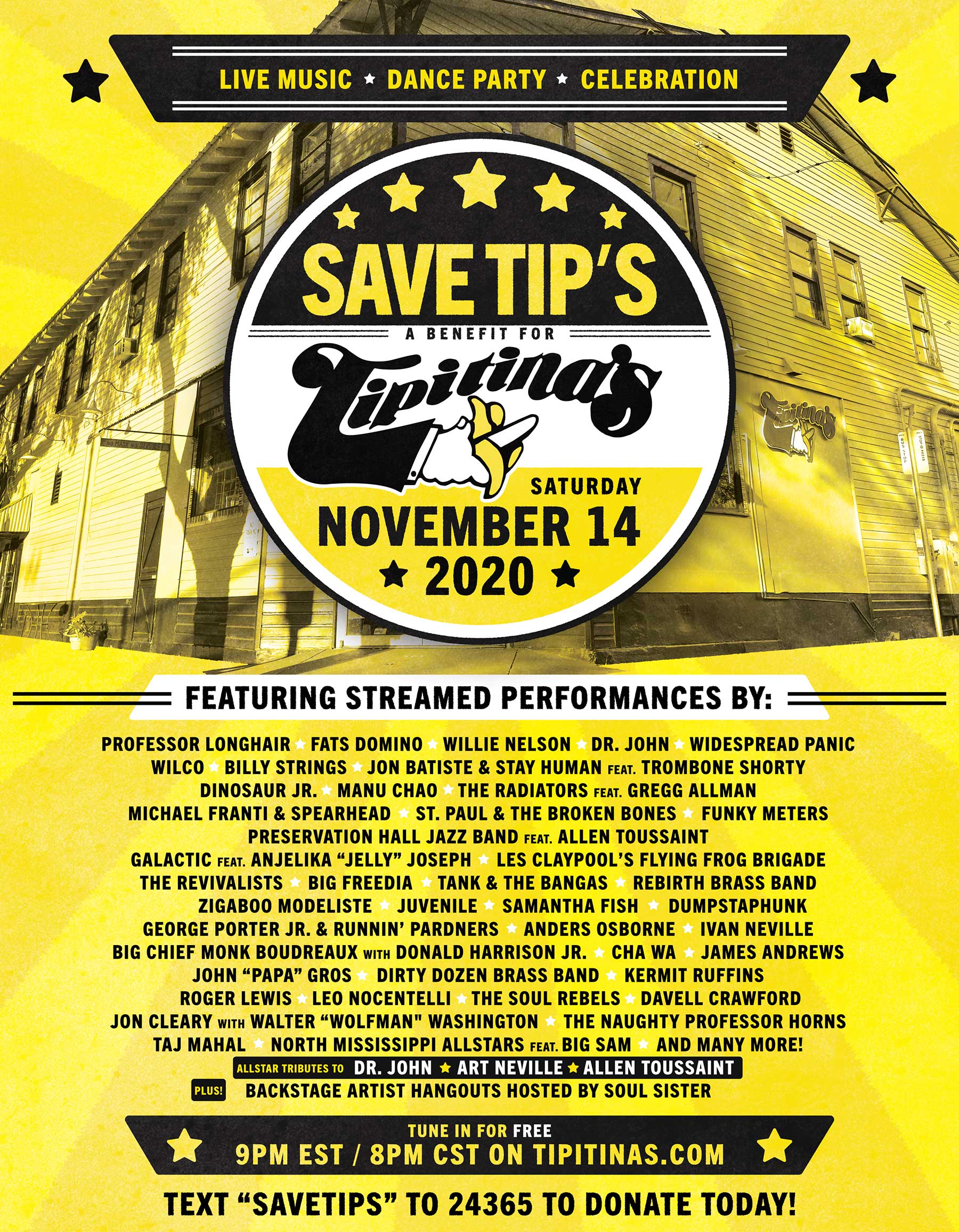 Benefit concert poster for Tipitina's with "Text SAVETIPS to 24365."