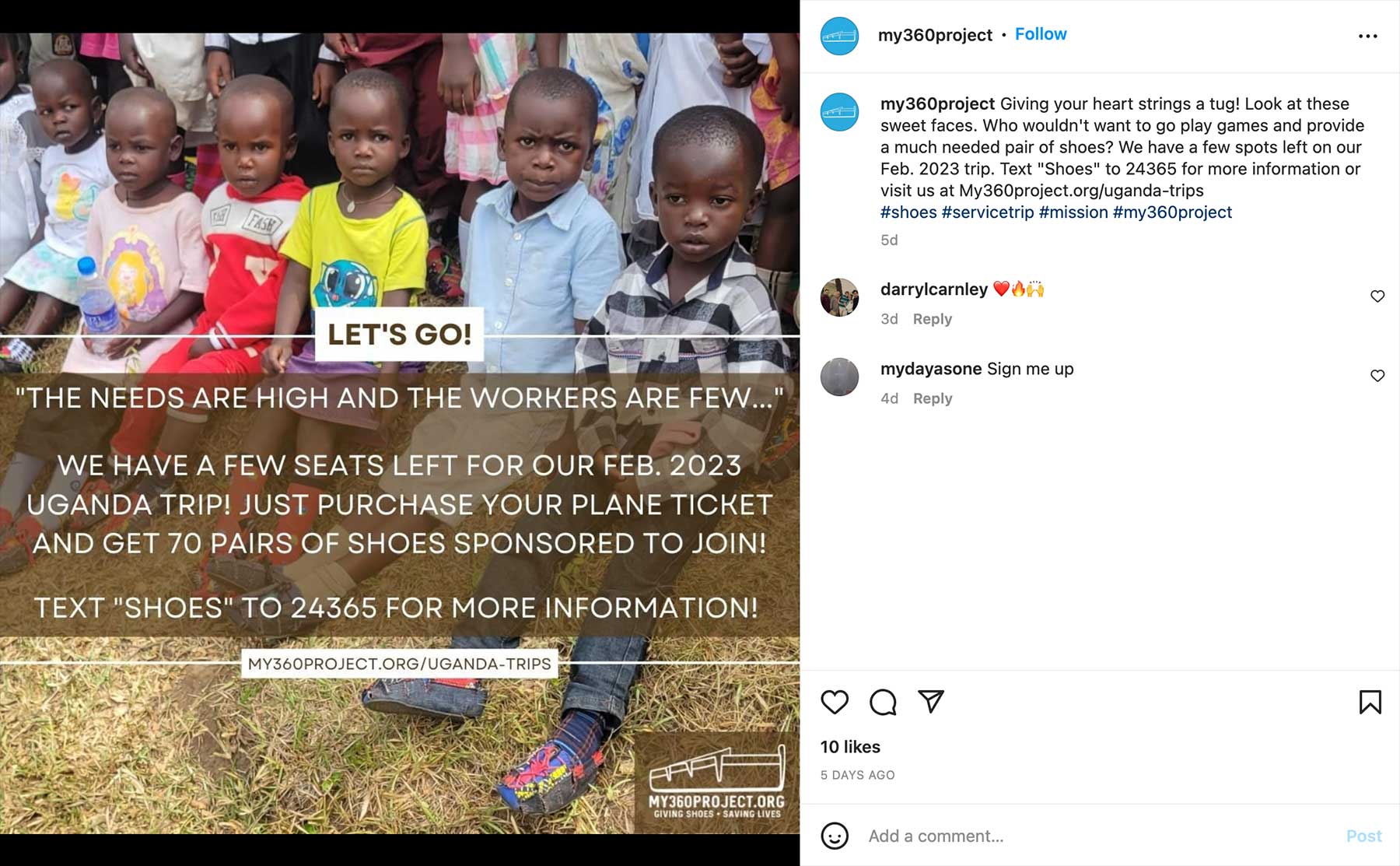 Instagram post encouraging people to "Text SHOES to 24365 for more information."