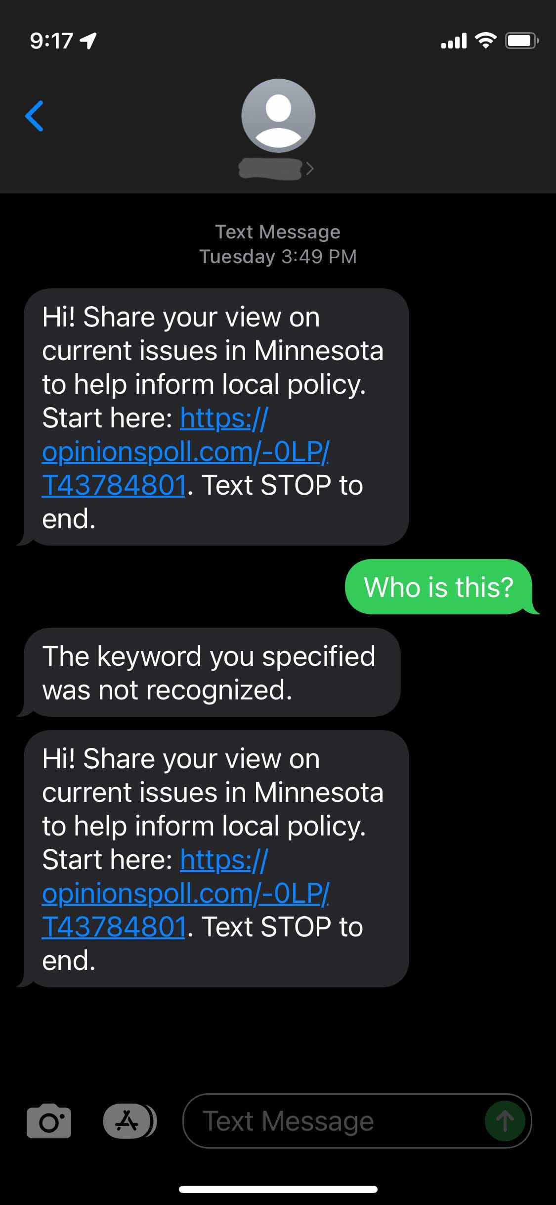 Screenshot of a text message exchange where the response isn't recognized.