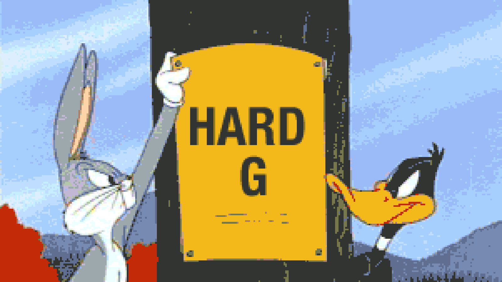 Animated GIF with Buggs Bunny and Daffy Duck arguing between 'Soft G' and 'Hard G'