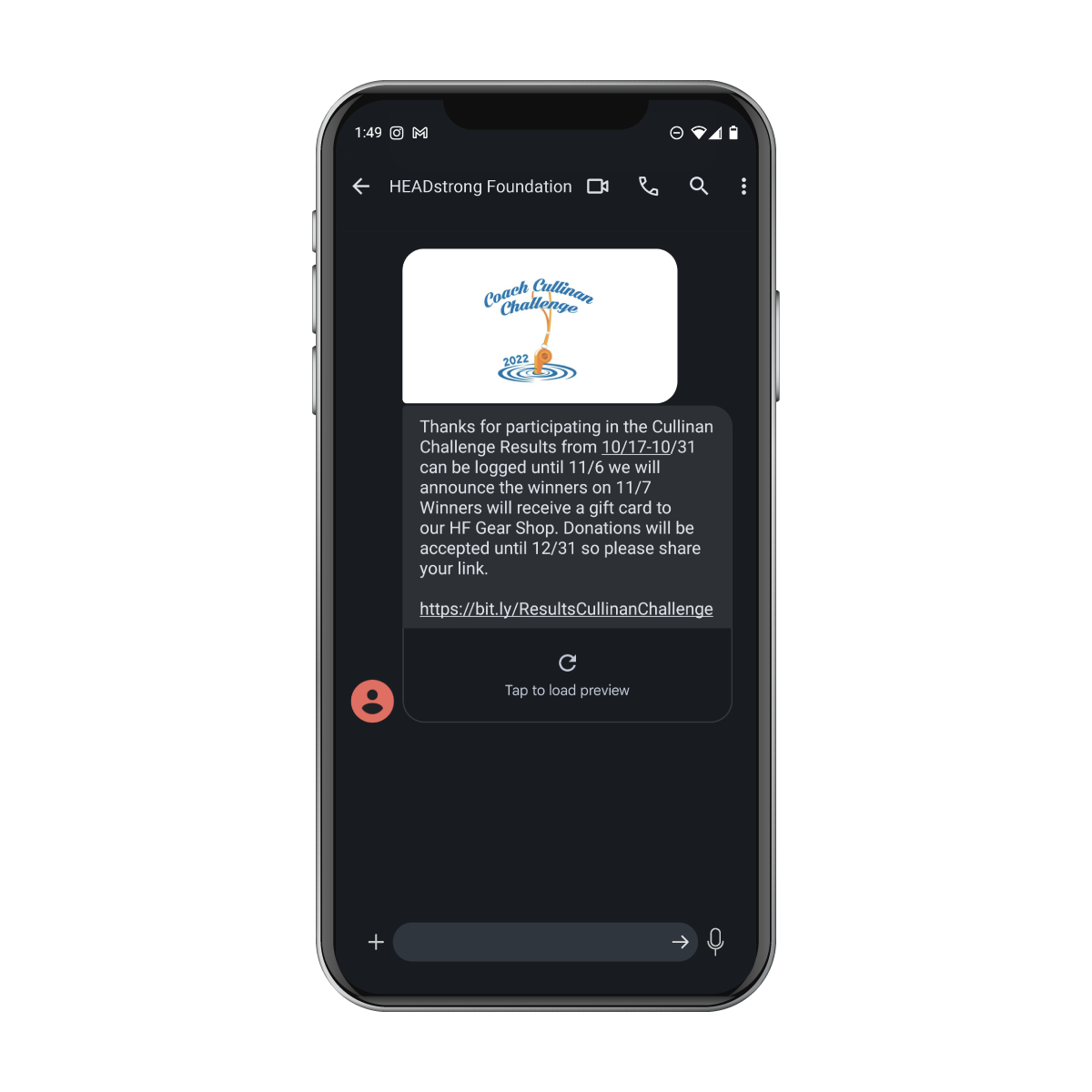 Example text message: "Thanks for participating in the Cullinan Challenge Results from 10/17-10/31 can be logged until 11/6 we will announce the winners on 11/7 Winners will receive a gift card to our HF Gear Shop. Donations will be accepted until 12/31 so please share your link. https://bit.lyResultsCullinanChallenge"