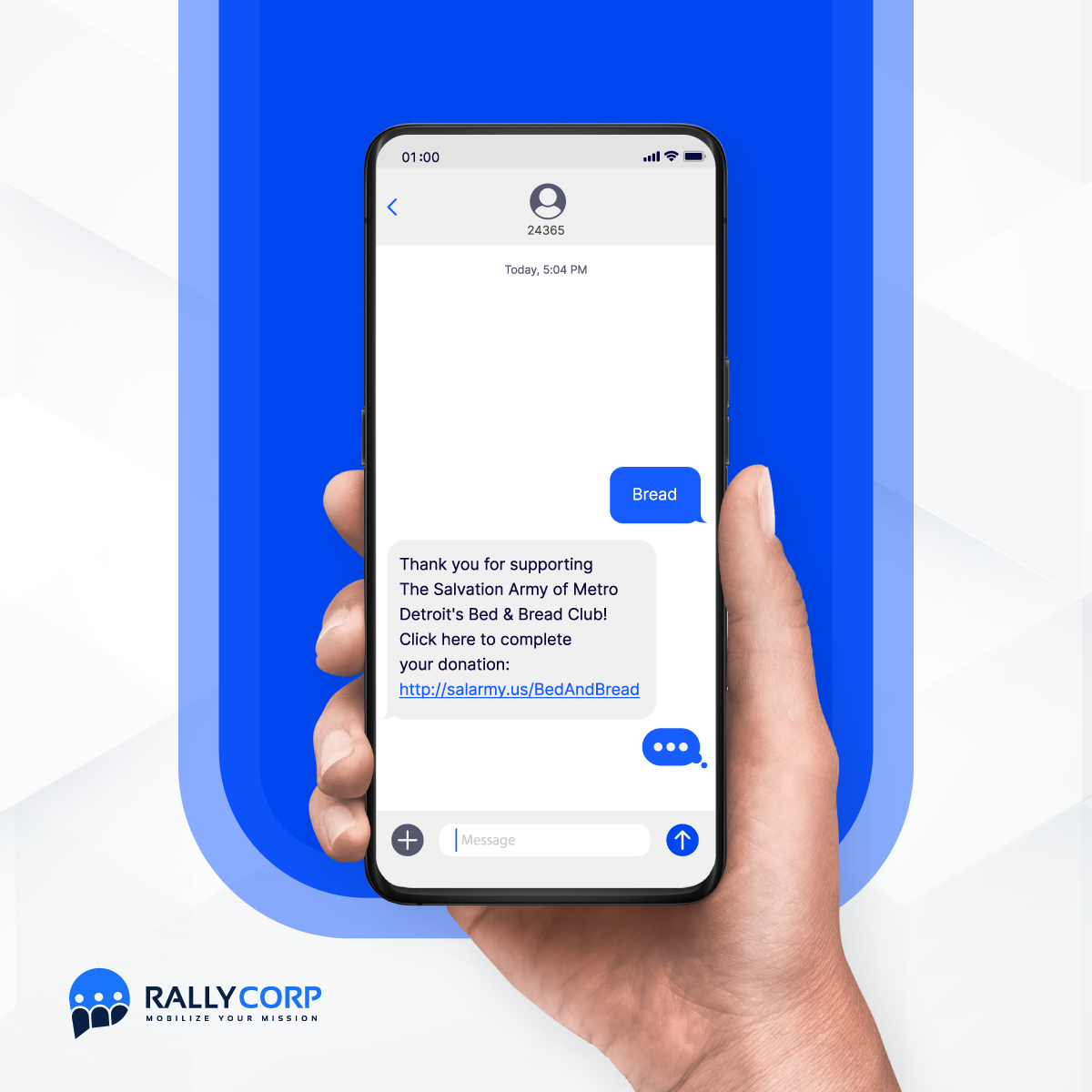 Text message screen showing the text-to-donate process.
