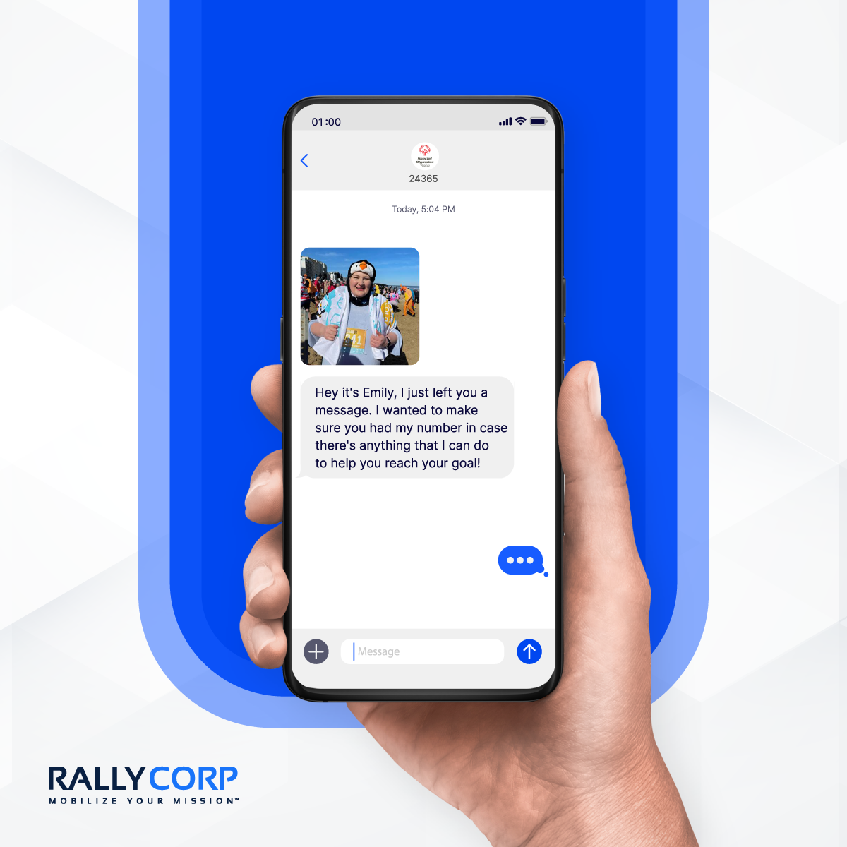 Text message from Special Olympics Virginia following a ringless voicemail: "Hey it's Emily, I just left you a message. I wanted to make sure you had my number in case there's anything that I can do to help you reach your goal!"