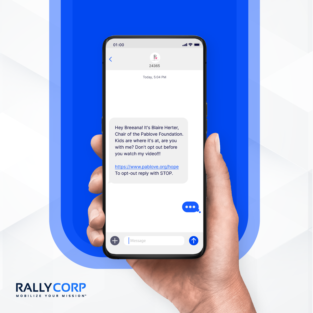 Cell phone showing a text message from Pablove Foundation inviting someone to watch a video.