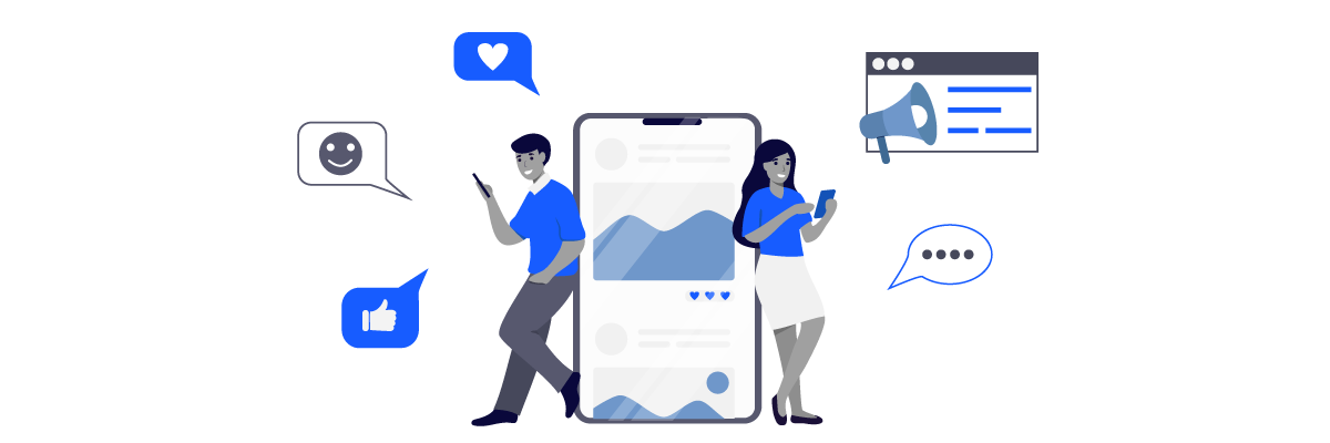 Illustration of people sending texts and interacting on social media on mobile devices.