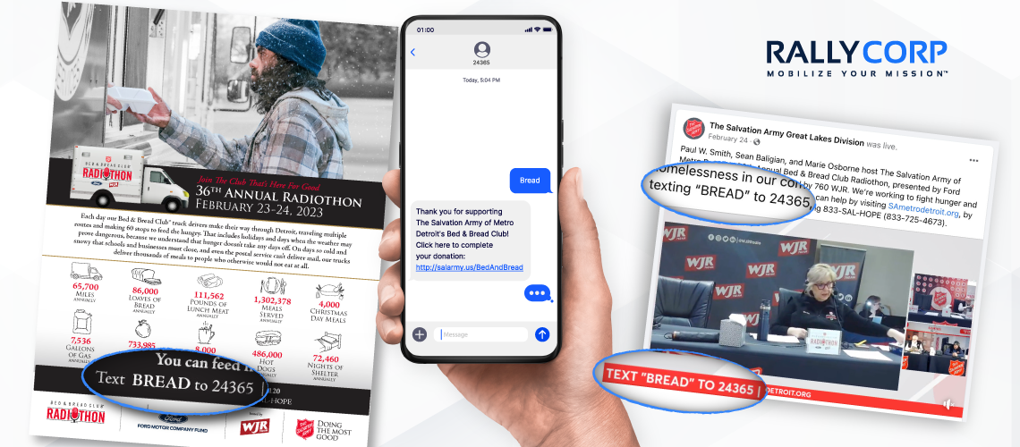 Text to give example using Salvation Army's "text BREAD to 24365" keyword.