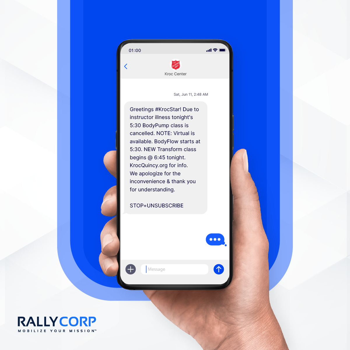 Emergency alert text message example from the Kroc Center.
