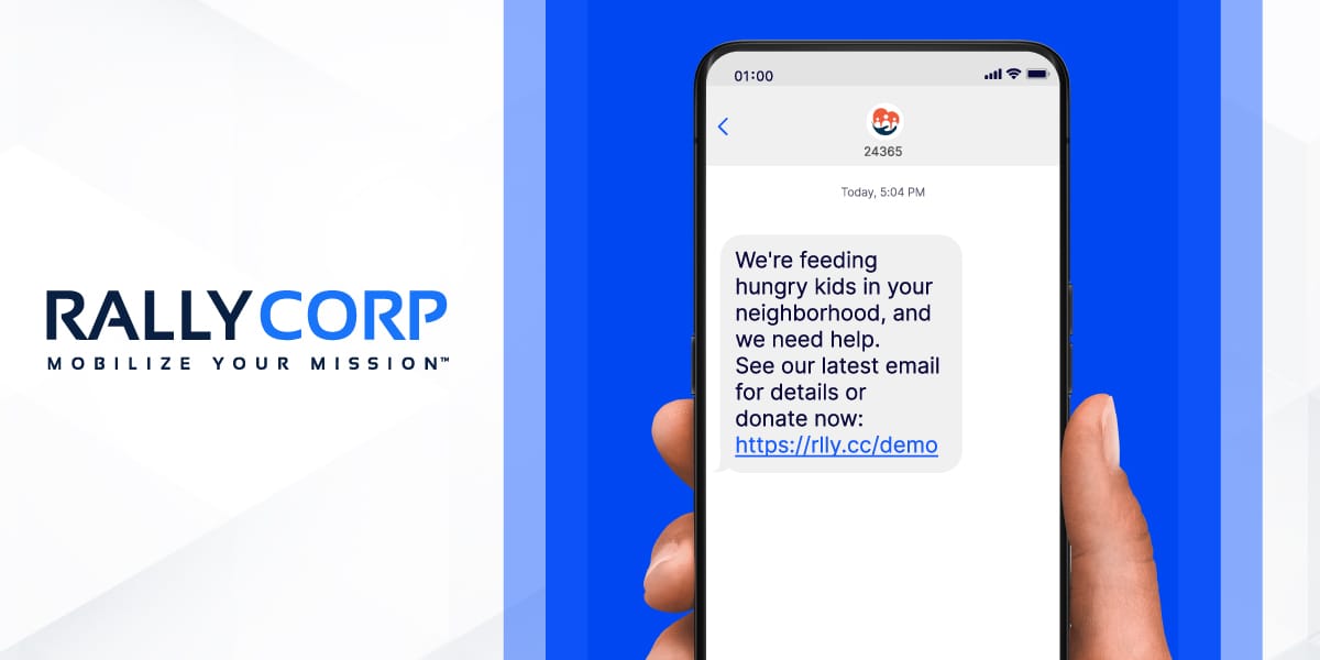 Text message: "We're feeding hungry kids in your neighborhood, and we need help. See our latest email for details or donate now."