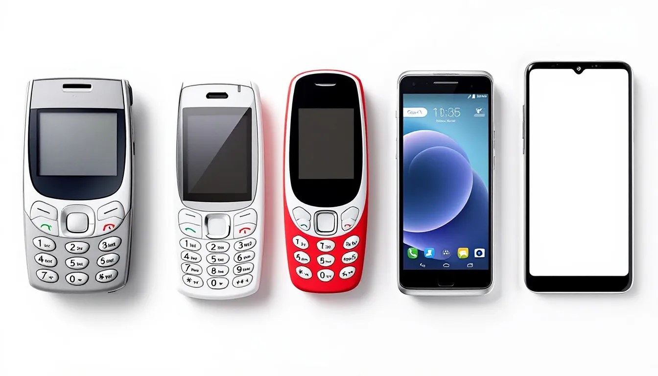 The image illustrates the evolution of mobile phones, showcasing a timeline from flip phones to modern smartphones, highlighting their increasing functionality and features. This progression reflects the transition from traditional SMS to rich communication services (RCS), emphasizing the impact of interactive messages and engaging elements on daily life and nonprofit outreach.